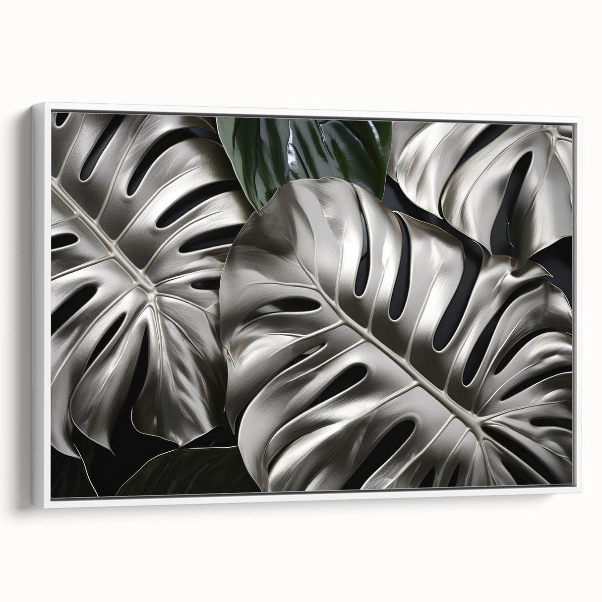 Framed canvas wall art showcasing a vibrant Monstera leaf design on a white background, perfect for botanical-themed decor. The piece adds a touch of nature-inspired elegance to any room.