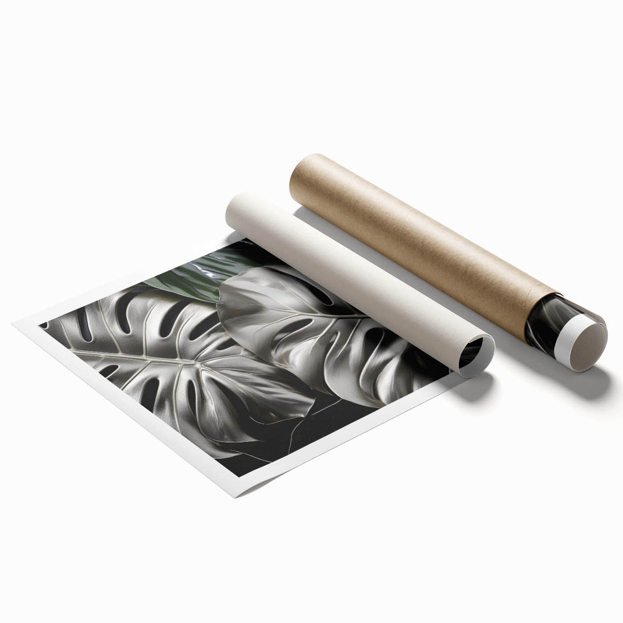 Botanical wall art print featuring a vibrant monstera leaf design, rolled and packaged in a protective tube, ideal for home decor and nature enthusiasts.
