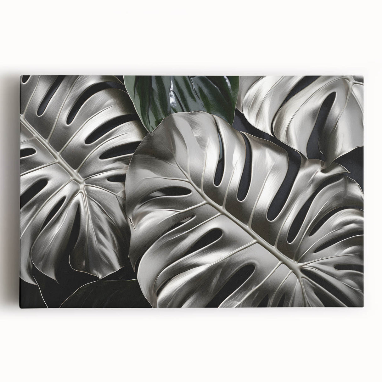 Botanical wall art featuring a vibrant monstera leaf design on stretched canvas, showcasing rich greens and detailed textures, perfect for enhancing home decor.