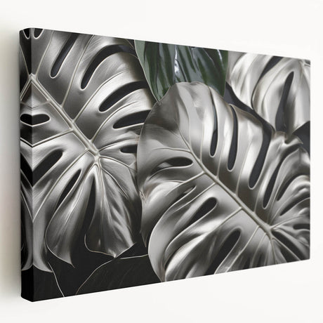 Stretched canvas wall art featuring a vibrant botanical monstera design, showcasing lush green leaves against a neutral background, perfect for home decor.