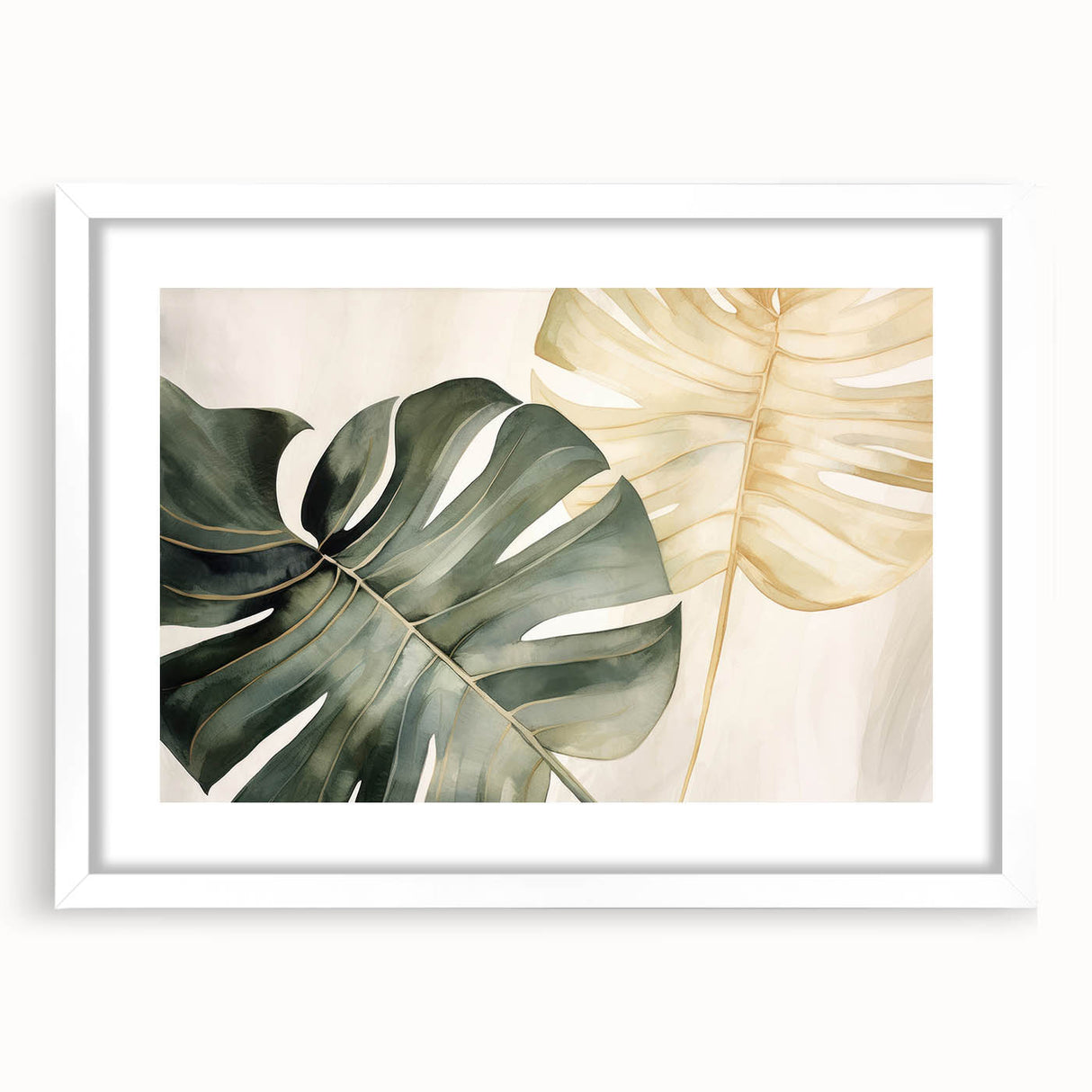 Botanical monstera wall art design in a white frame with a mat, showcasing lush green leaves against a clean backdrop, ideal for modern home decor.