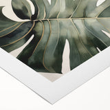 Botanical Monstera design wall art on rolled canvas, showcasing vibrant green leaves against a subtle background, ideal for home decor and nature enthusiasts.