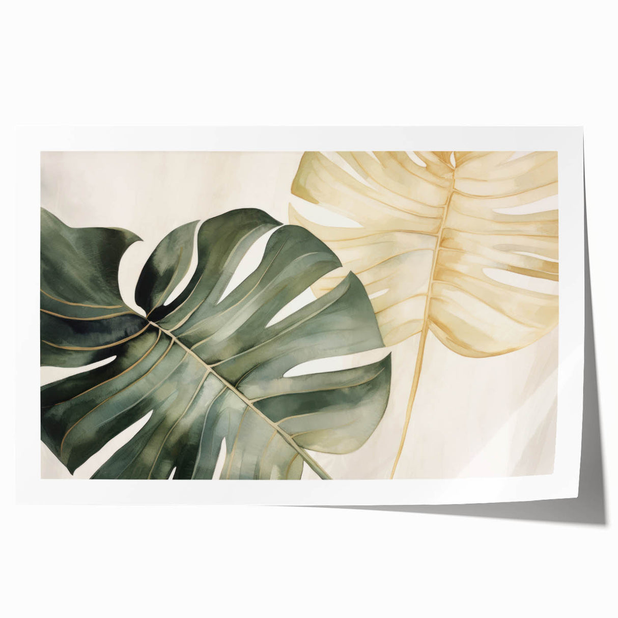 Botanical wall art print showcasing a vibrant monstera leaf design in green and white colors, rolled for easy display and shipping, perfect for home decor.