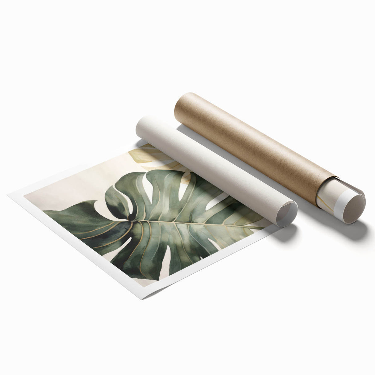 Botanical monstera wall art print showcasing vibrant green leaves on a soft beige background, rolled and ready for framing or display. Ideal for nature-themed decor.