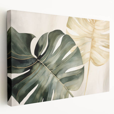 Stretched canvas wall art showcasing a vibrant botanical monstera design, featuring rich green tones and intricate leaf details, ideal for modern home decor.