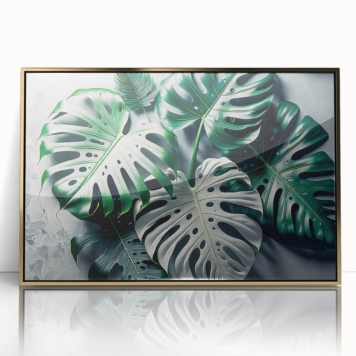 Framed wall art featuring a botanical monstera design with vibrant green leaves and a gold acrylic front, perfect for modern home decor.