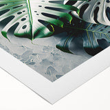 Botanical monstera design rolled canvas wall art featuring vibrant green leaves against a neutral background, ideal for home decor and tropical-themed spaces.