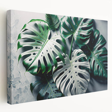 Stretched canvas wall art showcasing a vibrant botanical monstera design, featuring lush green leaves and intricate details, perfect for home decor enhancement.