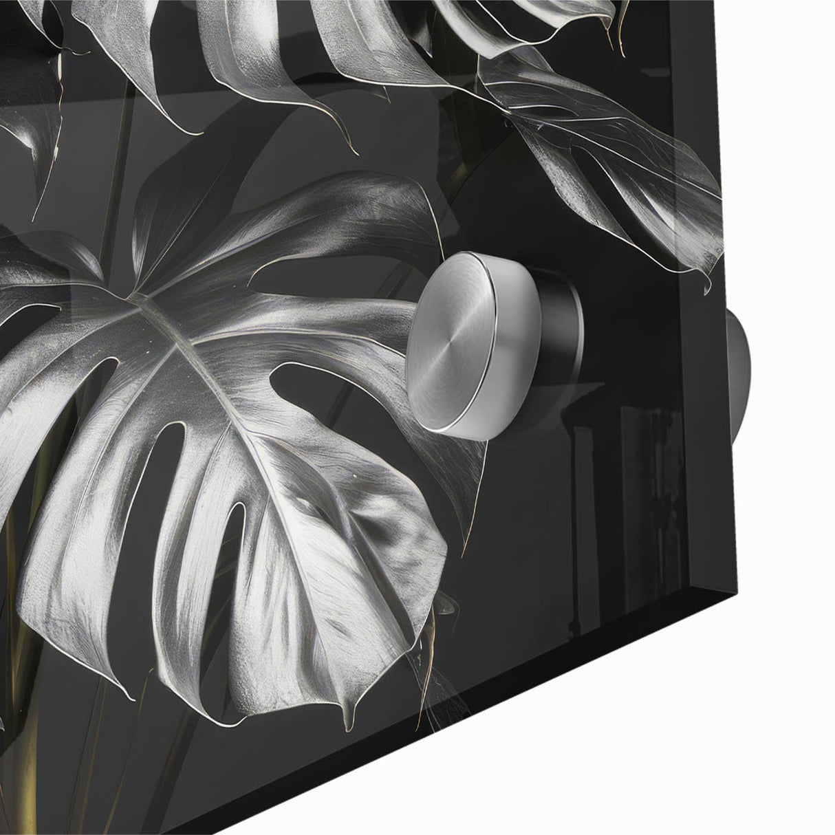Close-up of a vibrant botanical wall art piece featuring a Monstera plant design, showcasing intricate leaf details and a glossy acrylic finish, perfect for home decor.