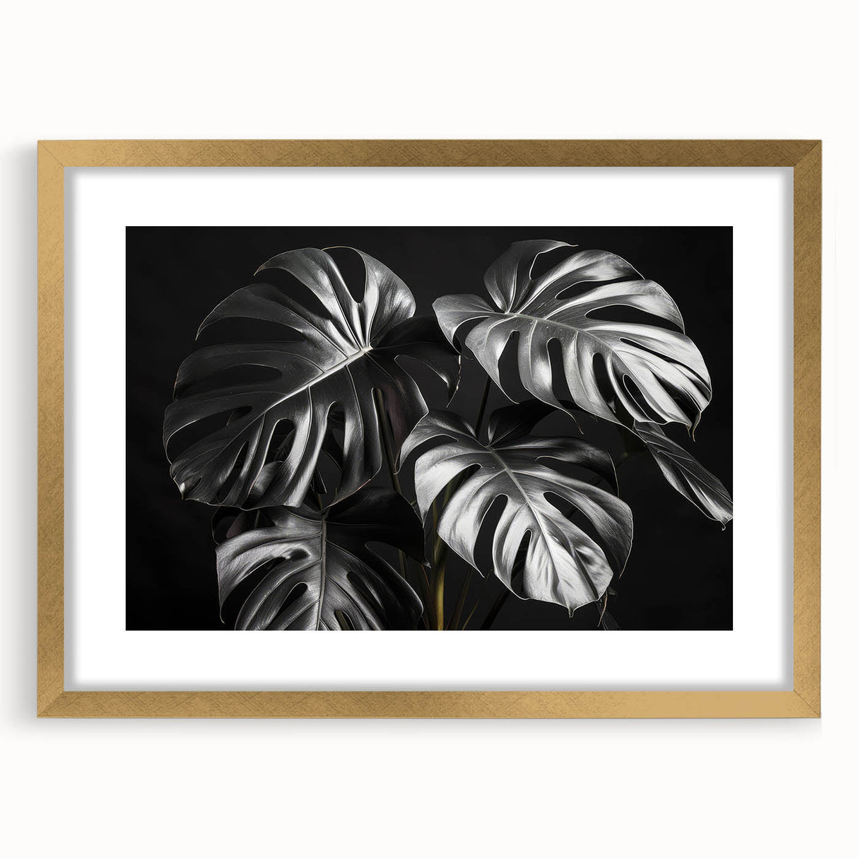 Framed botanical wall art featuring a Monstera design in vibrant greens and gold accents, showcasing elegant floral details and a sophisticated matte finish.