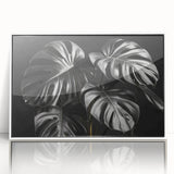 Framed wall art featuring a botanical design of a Monstera plant, displayed with a white frame and acrylic front, perfect for modern home decor.
