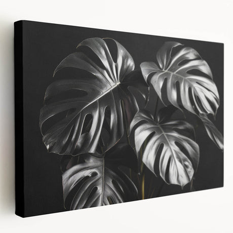 Stretched canvas wall art featuring a vibrant botanical Monstera design, showcasing lush green leaves against a neutral background, ideal for home decor.