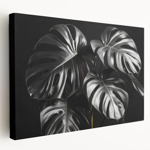 Stretched canvas wall art featuring a vibrant botanical Monstera design, showcasing lush green leaves against a neutral background, ideal for home decor.
