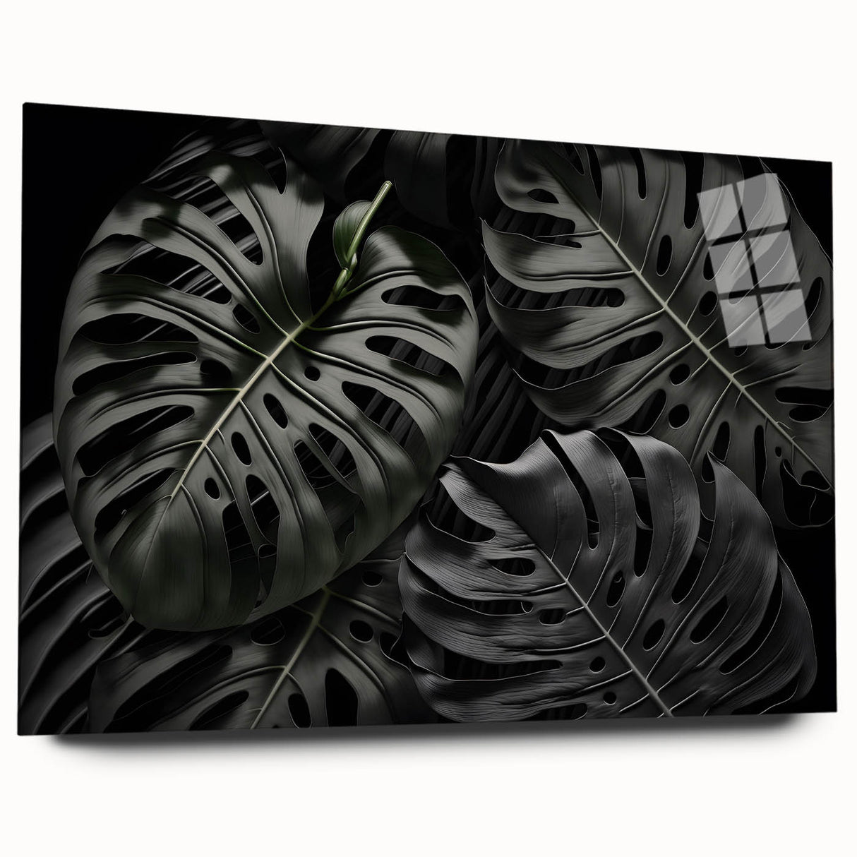Botanical wall art collection featuring a Monstera leaf design, displayed in sleek acrylic glass, showcasing vibrant greens and natural elegance, ideal for home decor.