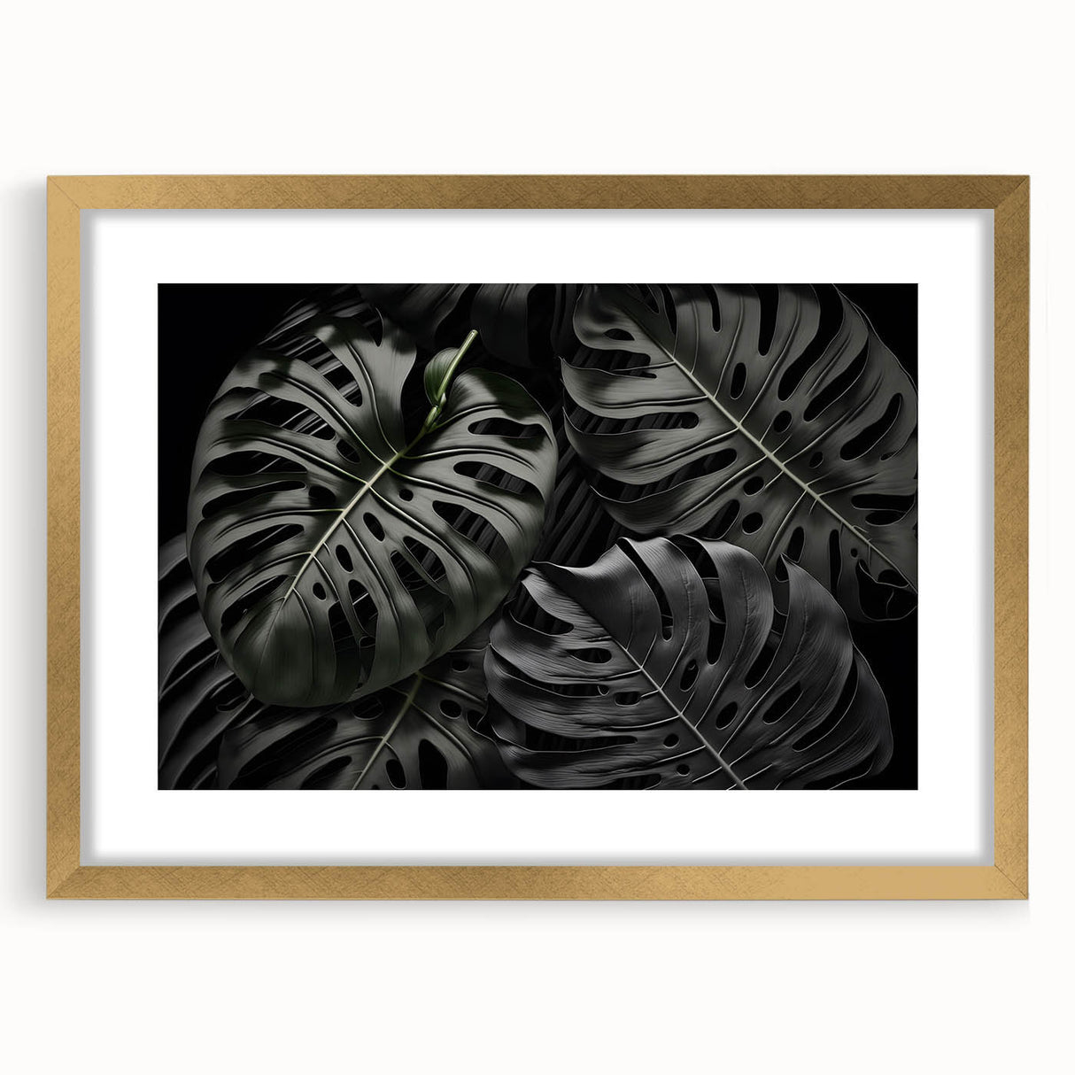 Framed botanical wall art featuring a vibrant monstera leaf design in gold accents, ideal for adding a touch of nature and elegance to home decor.