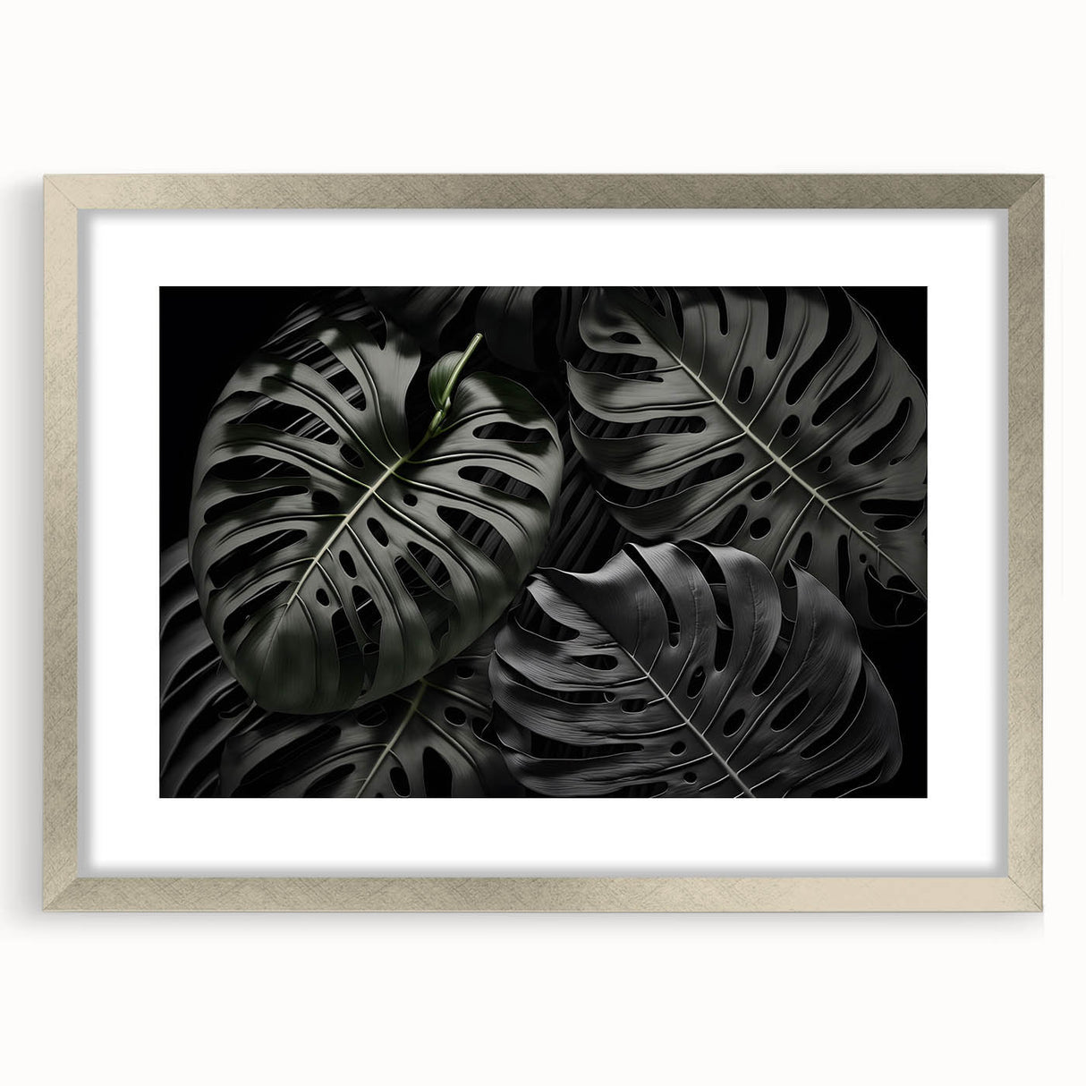 Elegant silver-framed wall art showcasing a botanical Monstera design, featuring vibrant green leaves against a neutral background, perfect for modern home decor.