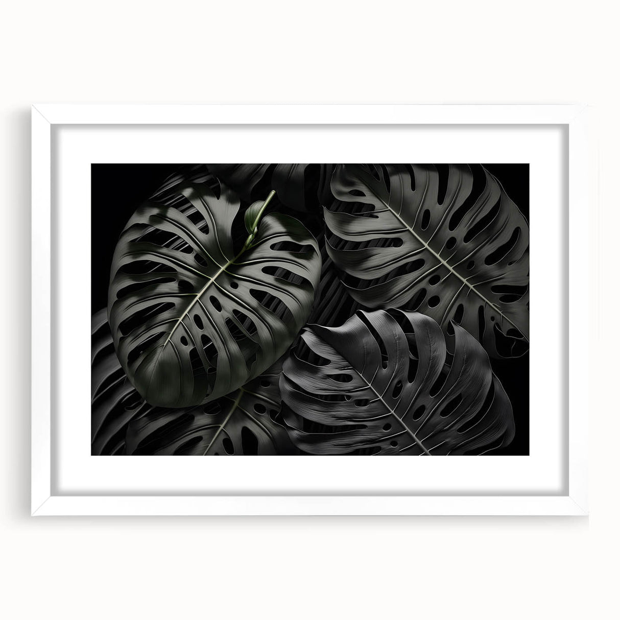 Botanical wall art collection featuring a Monstera design with a white frame and mat, showcasing vibrant green leaves against a clean background, perfect for home decor.