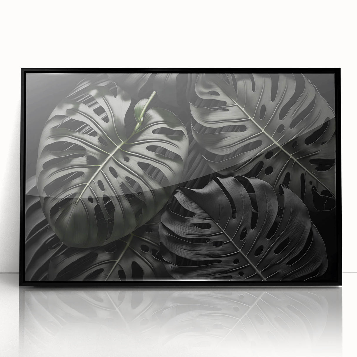 Framed botanical wall art featuring a Monstera plant design in black acrylic, showcasing vibrant green hues and intricate leaf details, perfect for home decor.