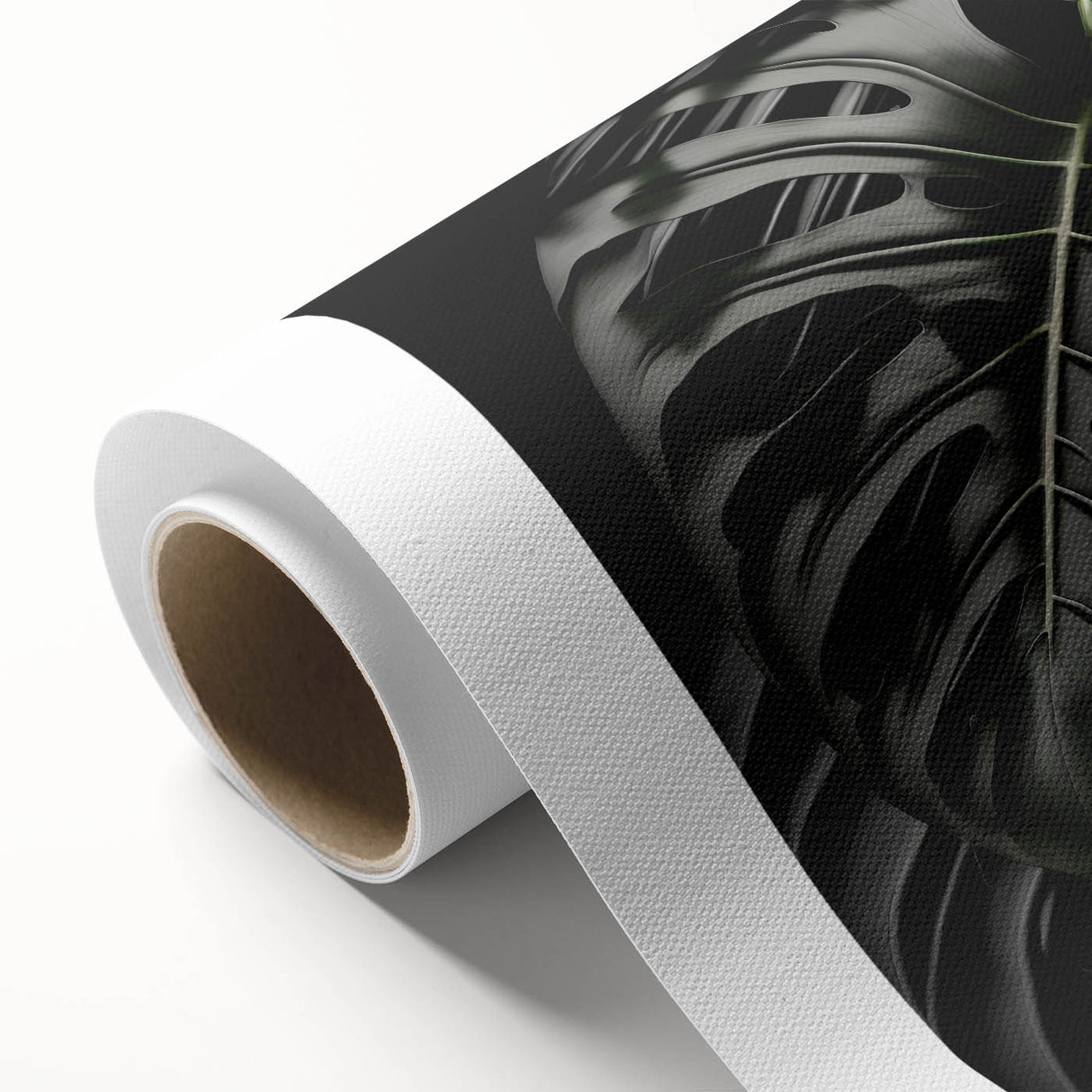 Vibrant rolled canvas artwork showcasing a botanical monstera design, featuring lush green leaves on a textured background, perfect for home decor.