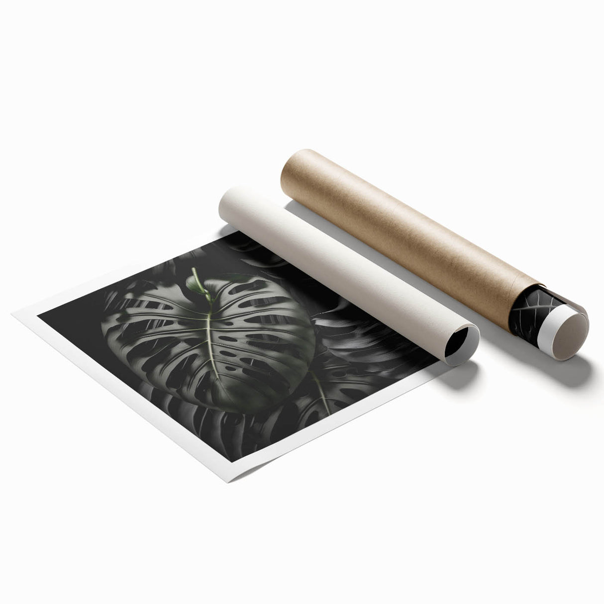 Vibrant rolled print of a botanical monstera design, showcasing lush green leaves on a textured background, ideal for home decor.