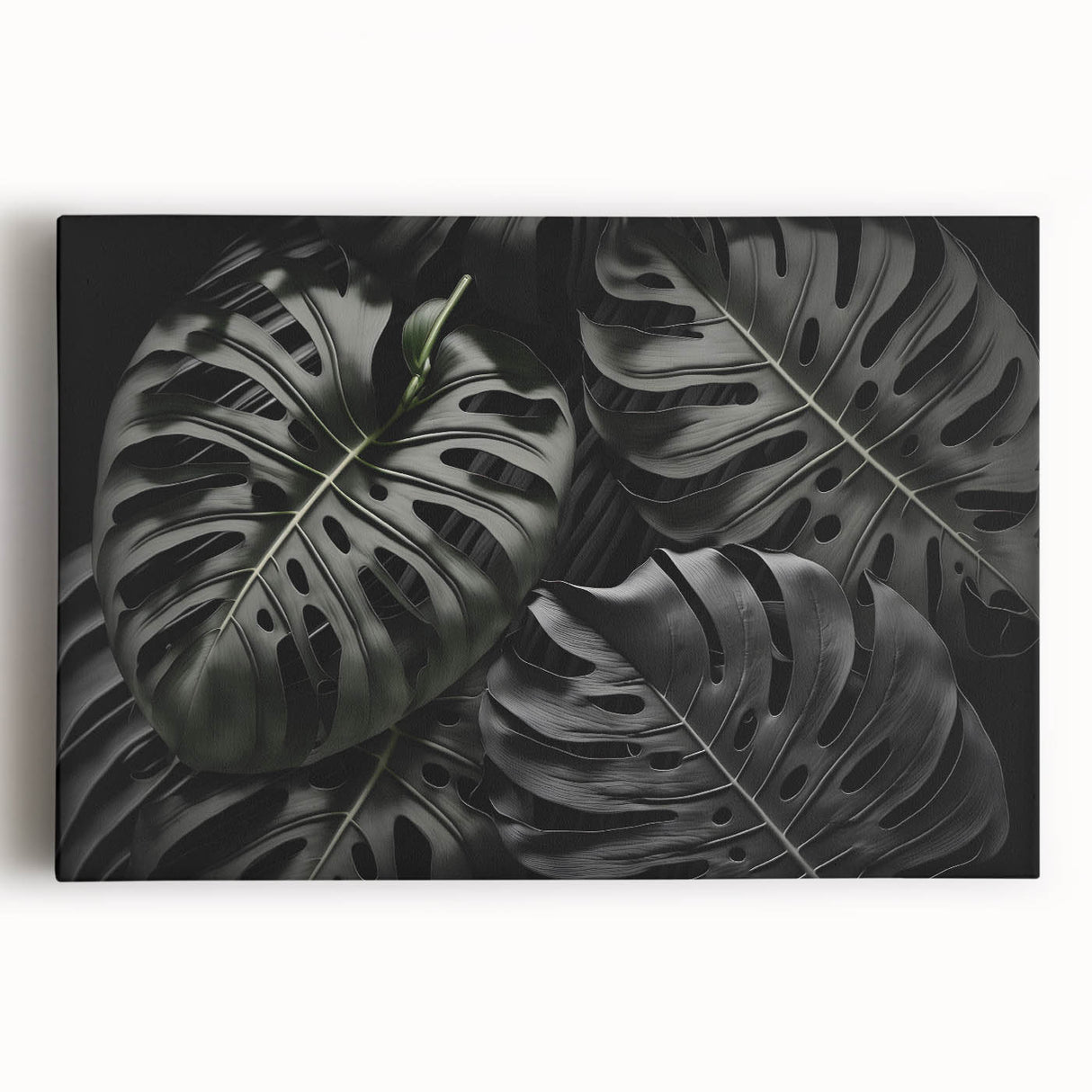 Stretched canvas print showcasing a vibrant botanical monstera design with lush green foliage, perfect for enhancing home decor and adding a tropical touch.