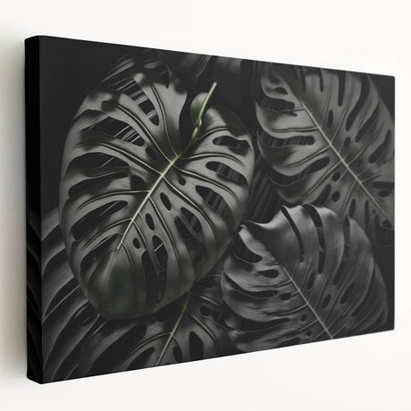Stretched canvas wall art featuring a vibrant botanical Monstera design, showcasing lush green leaves against a neutral background, perfect for modern home decor.