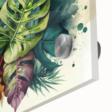 Close-up of a vibrant botanical wall art collection showcasing a Monstera leaf design, printed on acrylic glass with rich green hues, perfect for modern home decor.