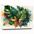 Acrylic wall art featuring a botanical Monstera design, showcasing vibrant green leaves with a glossy finish, elegantly displayed against a neutral background with decorative pins.