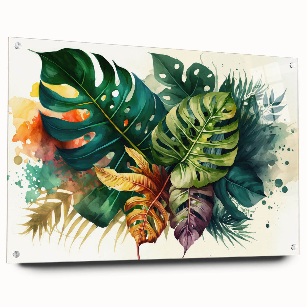 Acrylic wall art featuring a botanical Monstera design, showcasing vibrant green leaves with a glossy finish, elegantly displayed against a neutral background with decorative pins.