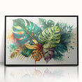 Framed wall art featuring a botanical monstera design with vibrant green leaves set against a sleek black background, perfect for modern home decor.