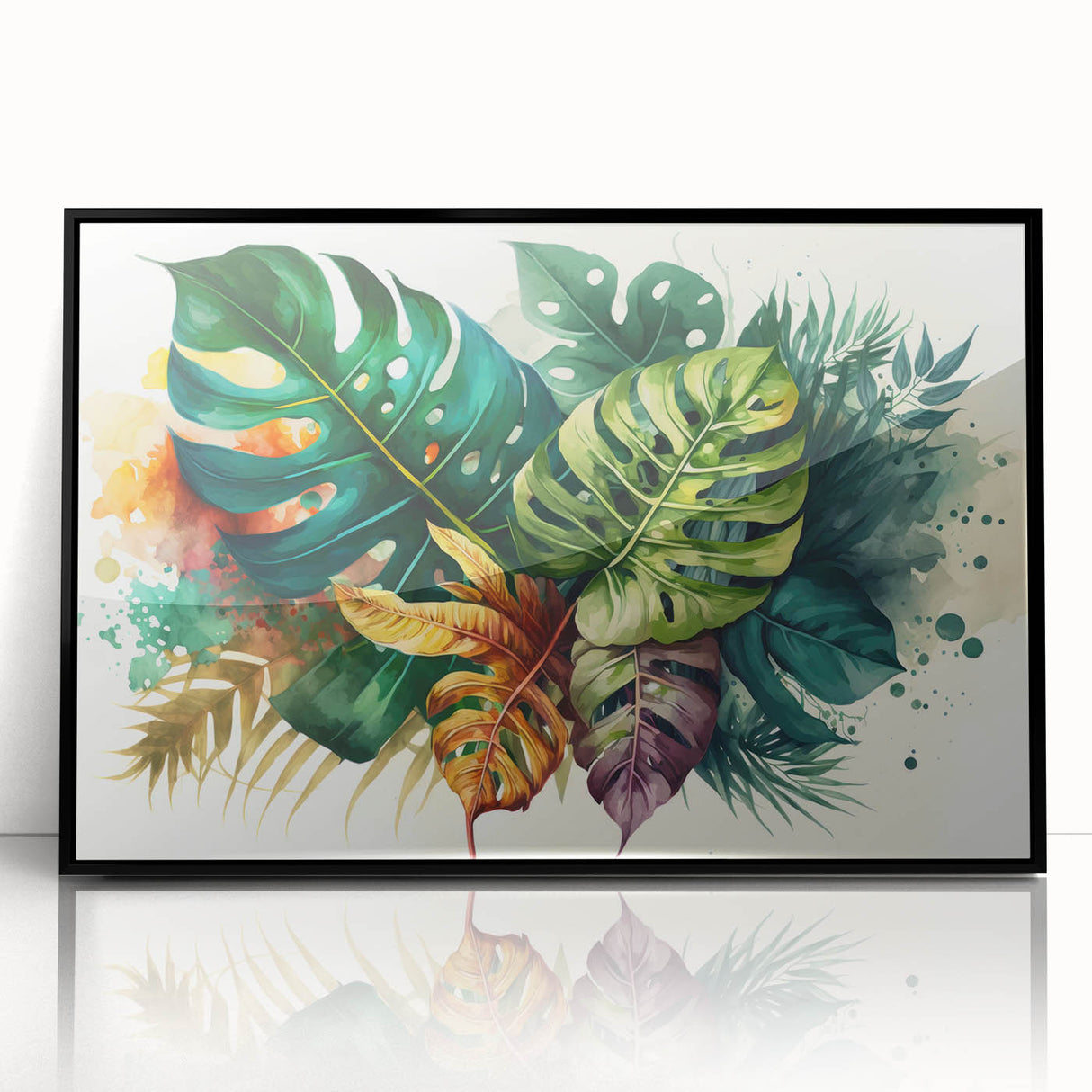 Framed wall art featuring a botanical monstera design with vibrant green leaves set against a sleek black background, perfect for modern home decor.