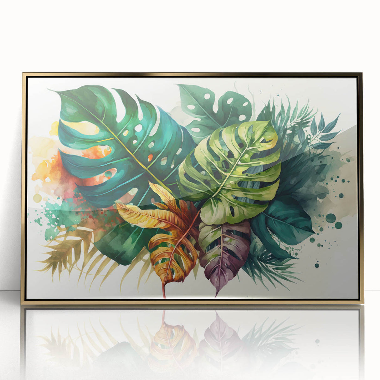 Framed acrylic wall art featuring a botanical monstera design, showcasing vibrant green leaves and gold accents, ideal for modern home decor settings.