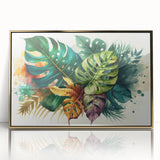 Framed acrylic wall art featuring a botanical monstera design, showcasing vibrant green leaves and gold accents, ideal for modern home decor settings.