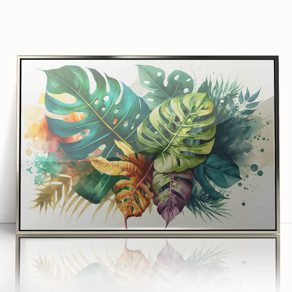 Framed wall art featuring a vibrant botanical design of a monstera leaf, showcasing rich green tones against a sleek silver frame, ideal for modern decor.
