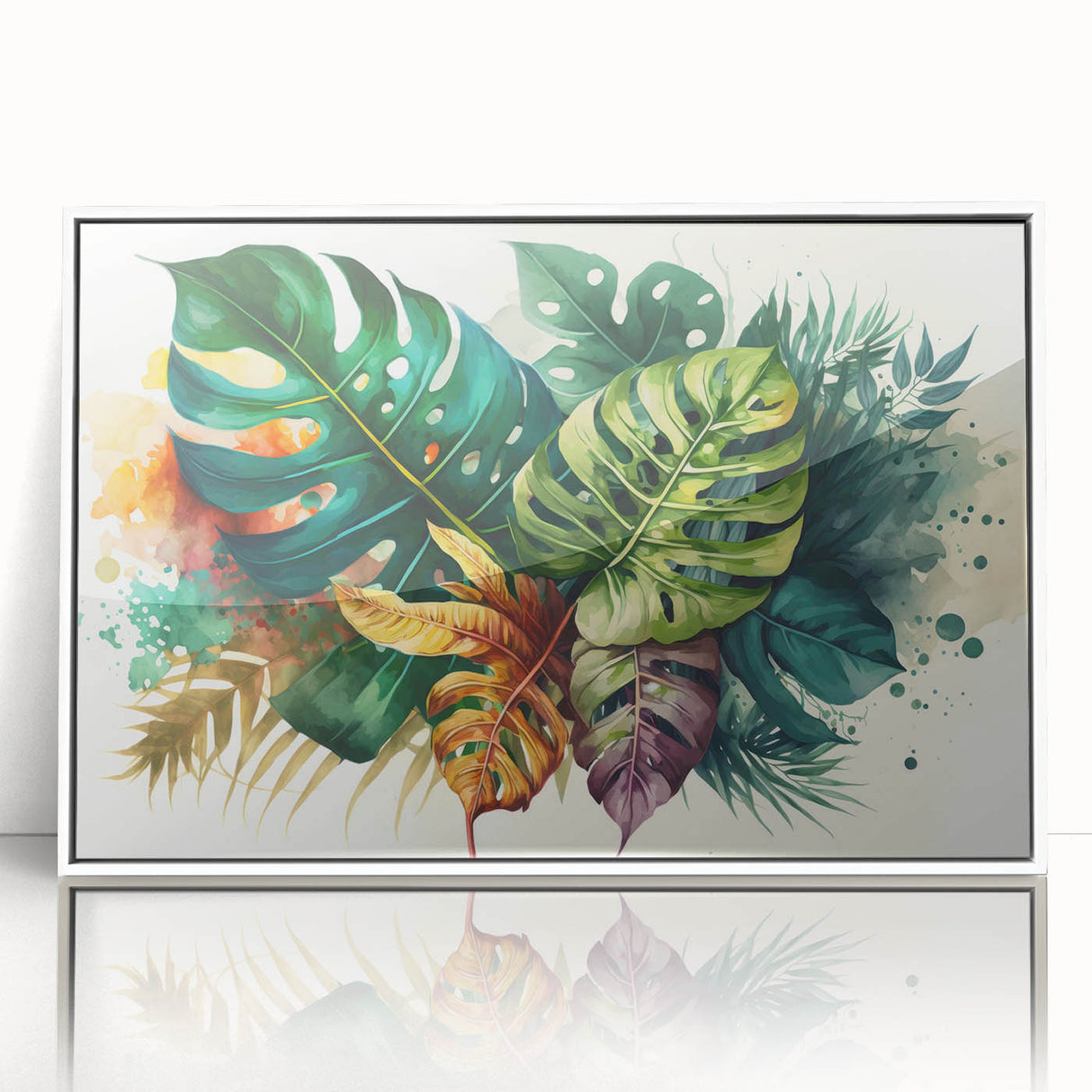 Framed wall art featuring a botanical monstera design, showcasing vibrant green leaves against a white background, perfect for home decor and plant enthusiasts.