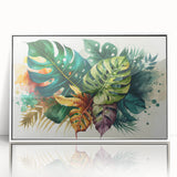 Framed wall art featuring a botanical monstera design, showcasing vibrant green leaves against a white background, perfect for home decor and plant enthusiasts.