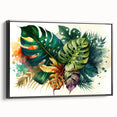 Framed canvas wall art featuring a botanical design of a Monstera plant, showcasing vibrant green leaves against a minimalist black background, perfect for modern decor.
