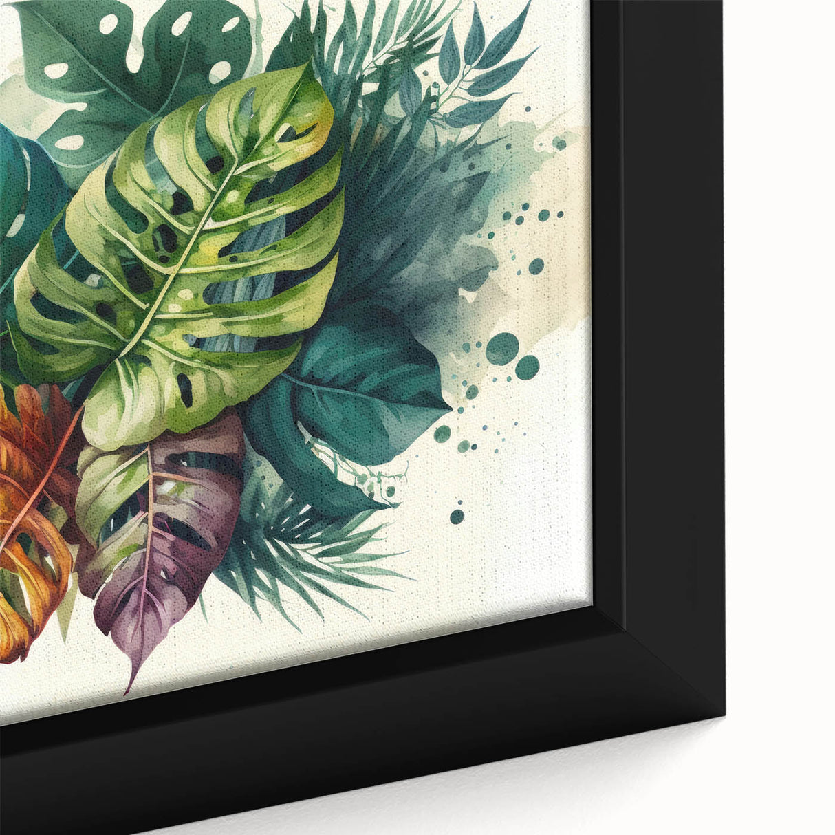 Close-up of a framed canvas wall art featuring a botanical Monstera design with lush green leaves and intricate details, perfect for home decor enthusiasts.