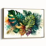 Framed wall art of a botanical monstera design, showcasing vibrant green leaves on a gold background. The piece is elegantly displayed from the side, highlighting its sophisticated craftsmanship and contemporary style. Perfect for adding a touch of nature-inspired decor to any modern living space.