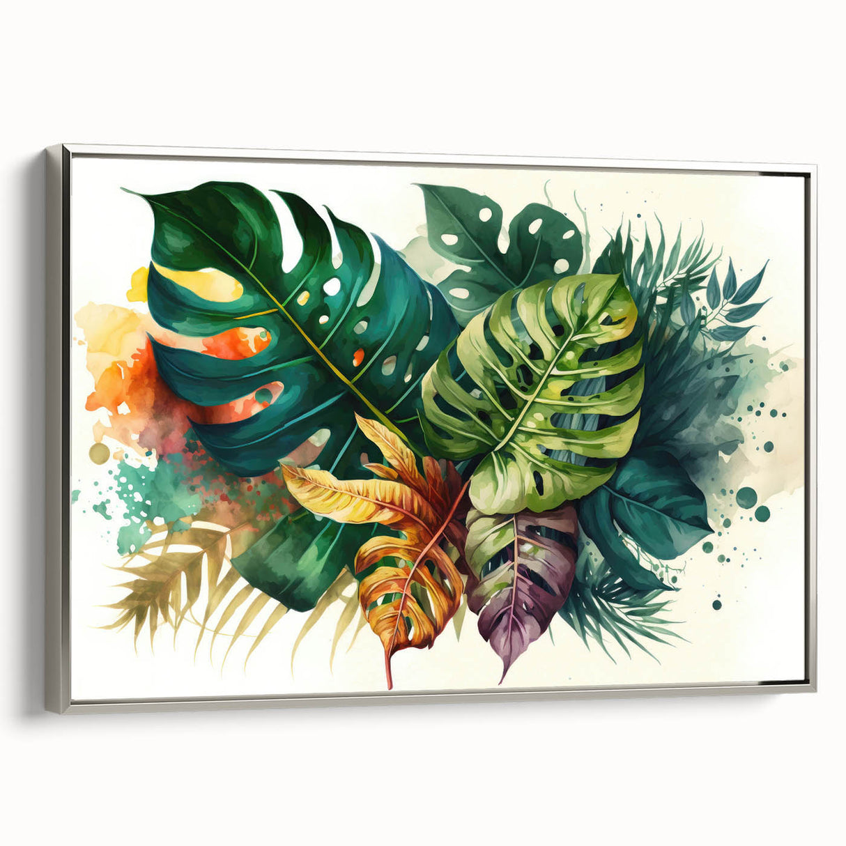 Framed canvas wall art featuring a vibrant botanical monstera design with intricate green leaf details, set against a silver frame, ideal for modern home decor.