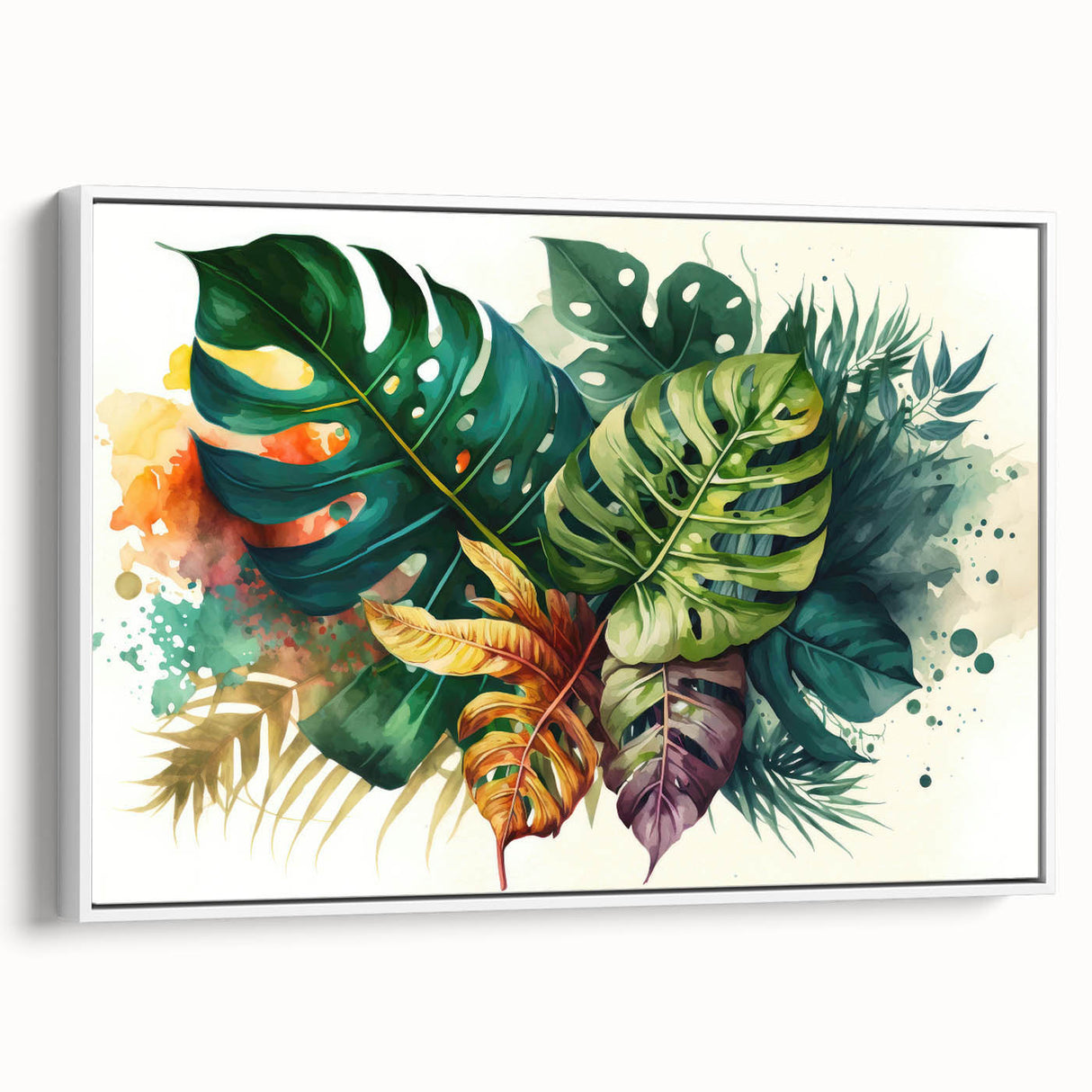 Framed canvas wall art showcasing a botanical monstera design, featuring vibrant green leaves on a white background, perfect for modern home decor.