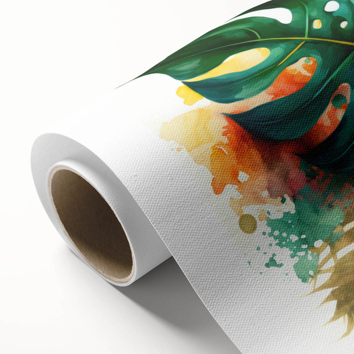 Vibrant rolled canvas featuring a botanical Monstera design, showcasing lush green leaves against a neutral background, ideal for enhancing modern home decor.