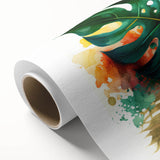 Vibrant rolled canvas featuring a botanical Monstera design, showcasing lush green leaves against a neutral background, ideal for enhancing modern home decor.