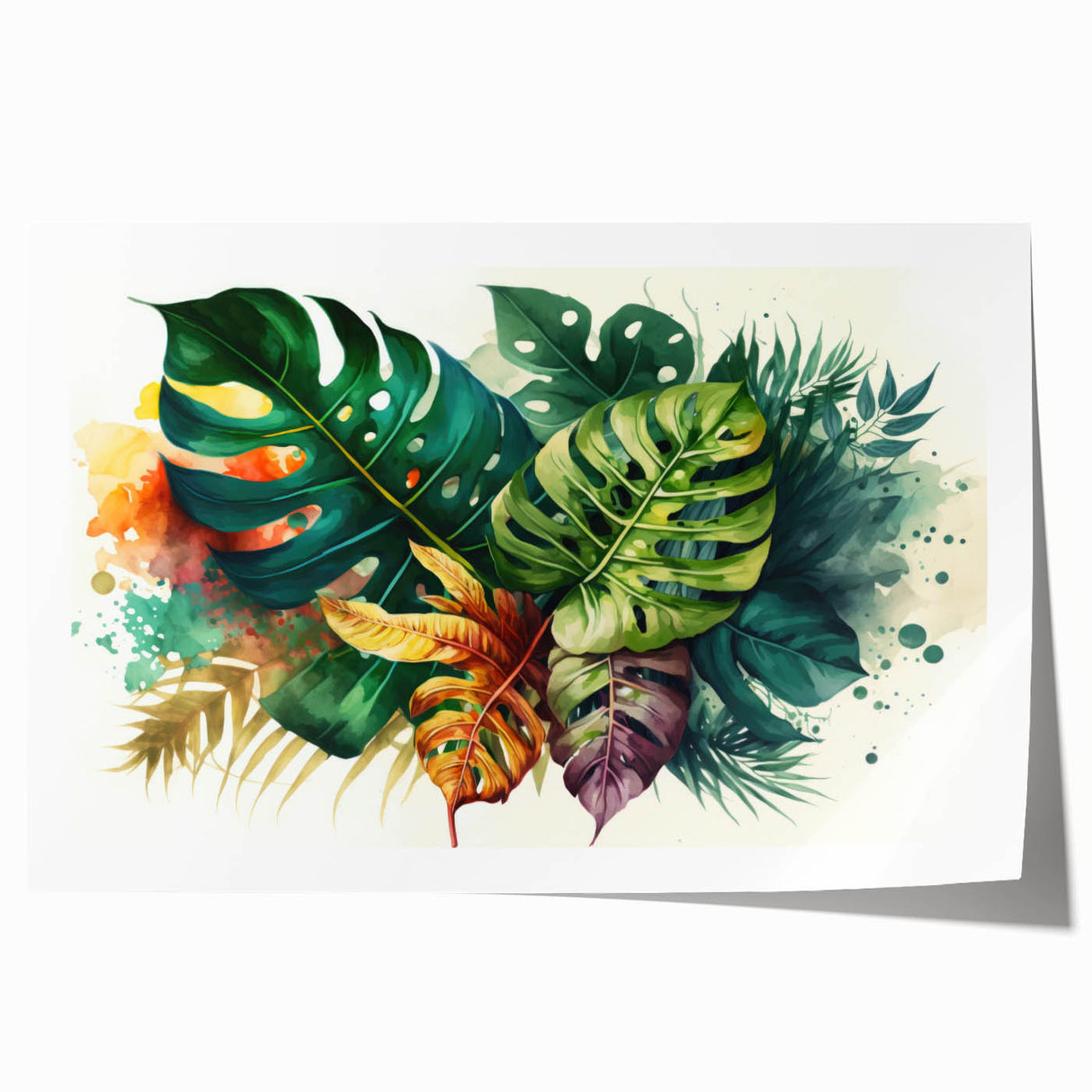 Botanical wall art print featuring a vibrant Monstera leaf design in rich greens, ideal for home decor. Rolled canvas design adds a modern touch to any space.