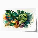 Botanical wall art print featuring a vibrant Monstera leaf design in rich greens, ideal for home decor. Rolled canvas design adds a modern touch to any space.