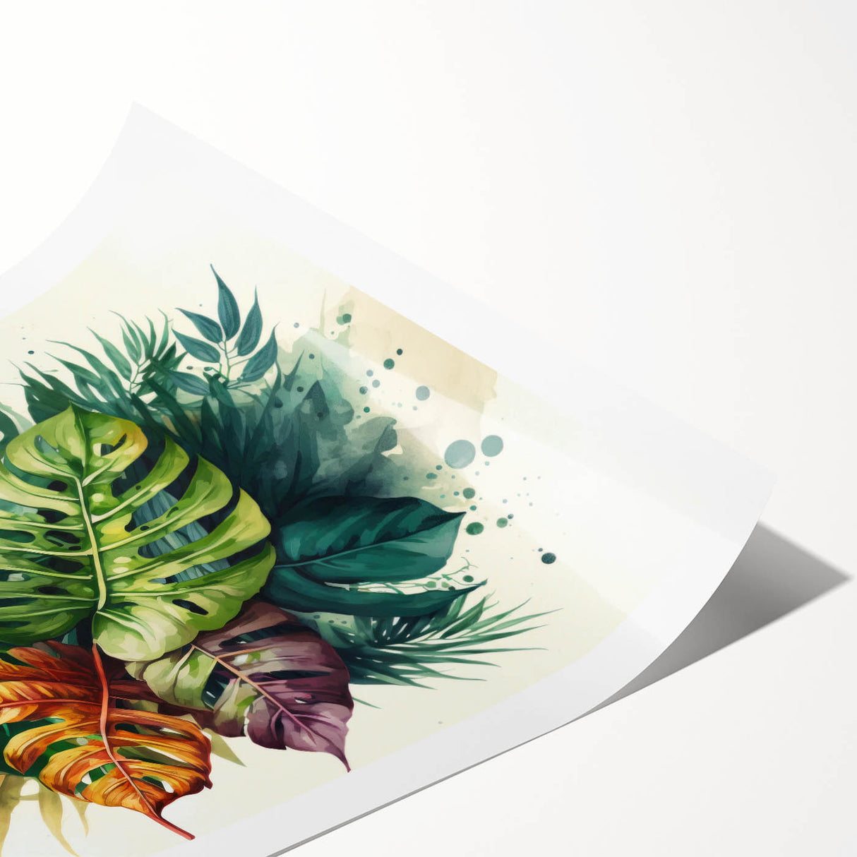 Botanical wall art print showcasing a vibrant Monstera leaf design in shades of green and cream, rolled and ready for framing, perfect for home decor.