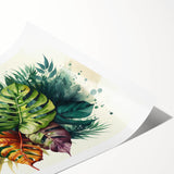 Botanical wall art print showcasing a vibrant Monstera leaf design in shades of green and cream, rolled and ready for framing, perfect for home decor.