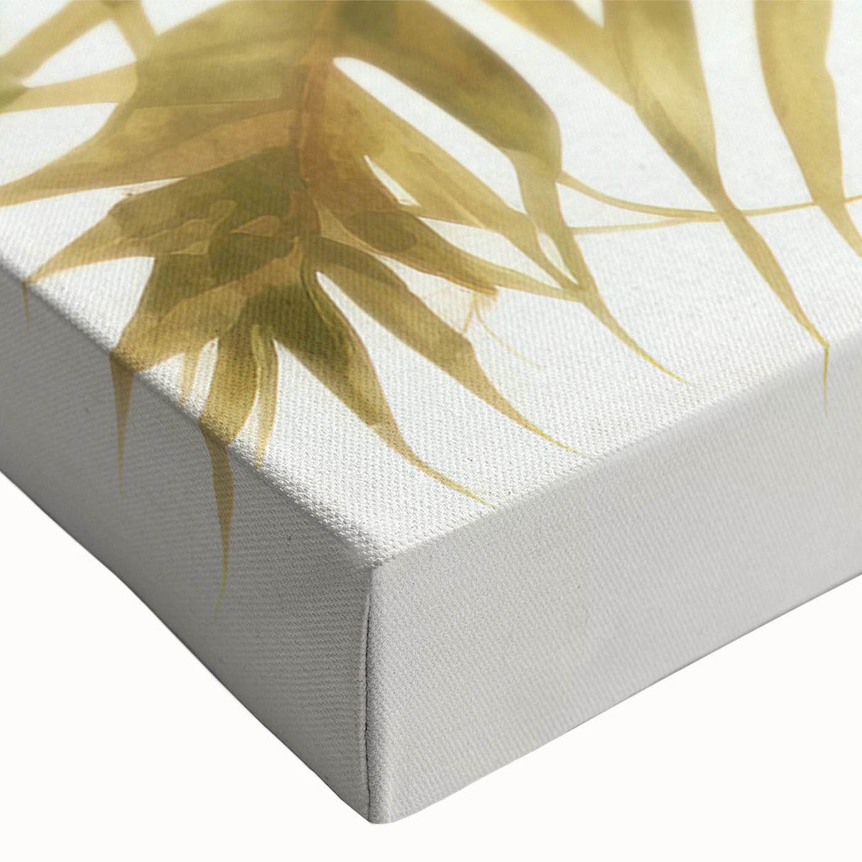 Close-up of a stretched canvas featuring a vibrant botanical design of a Monstera plant, showcasing rich green hues and intricate leaf details, ideal for home decor.