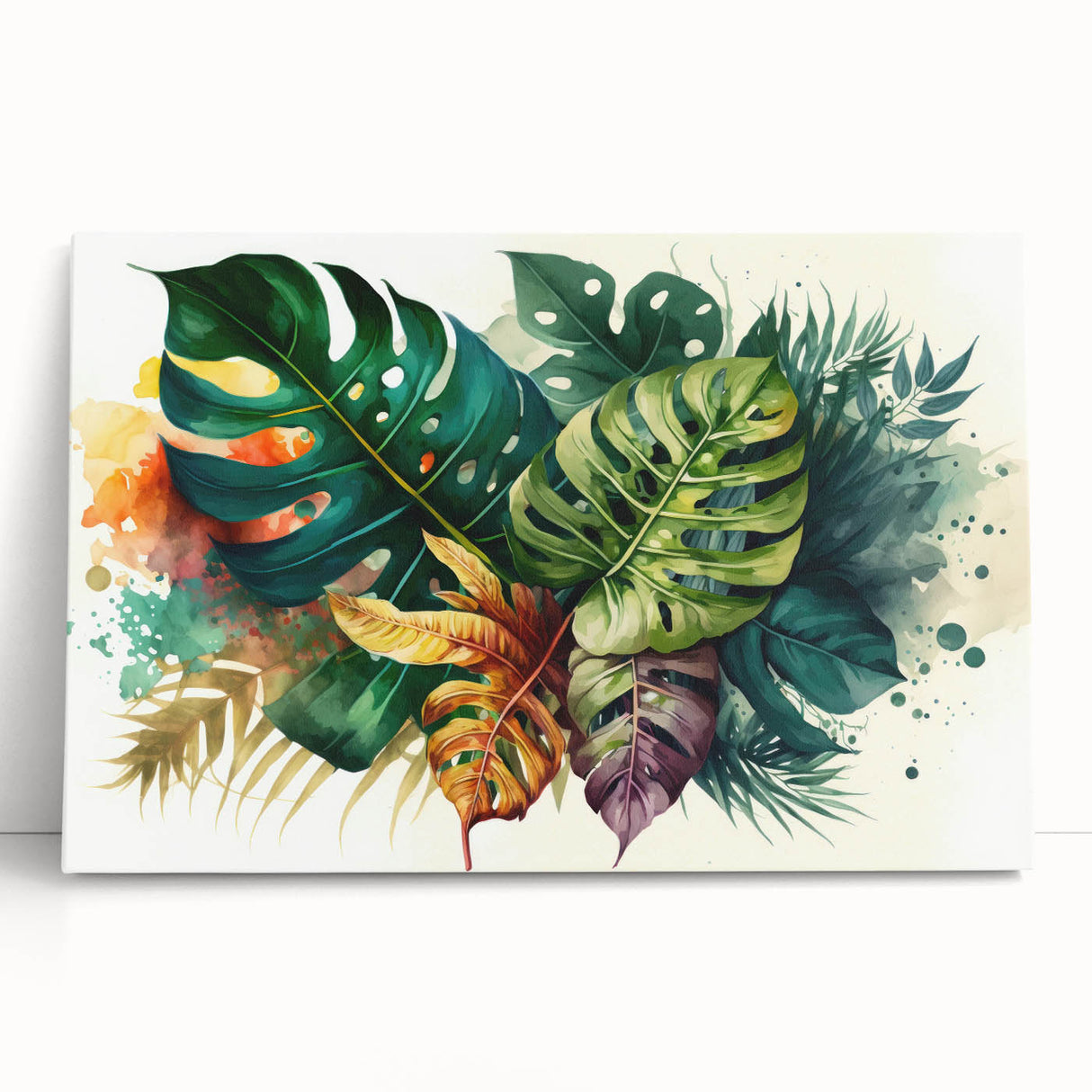 Botanical wall art featuring a vibrant monstera leaf design on stretched canvas, elegantly leaning against a neutral wall, perfect for enhancing home decor.