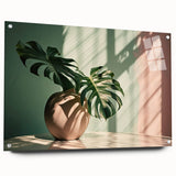Acrylic glass wall art piece showcasing a vibrant monstera botanical design, elegantly displayed from the side with visible pins, perfect for modern decor.